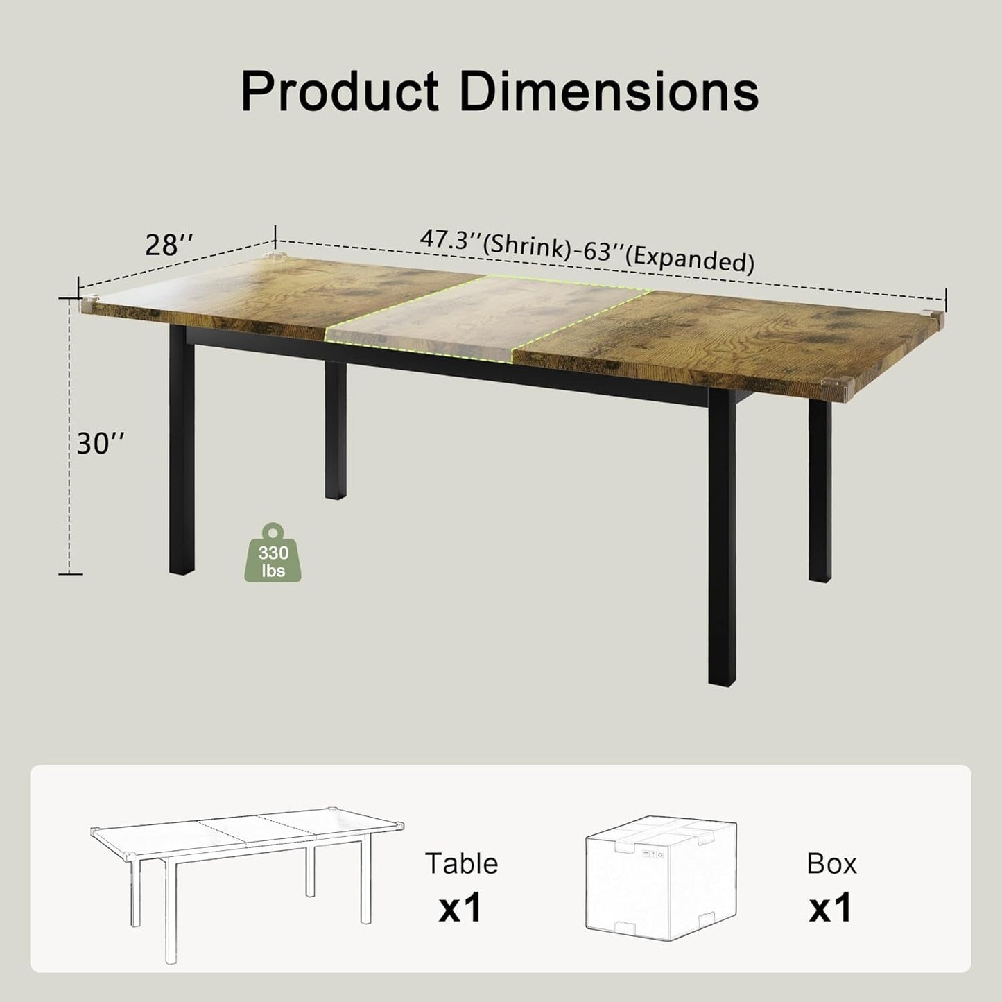 63" Extendable Dining Table, Modern Farmhouse Dining Room Table for