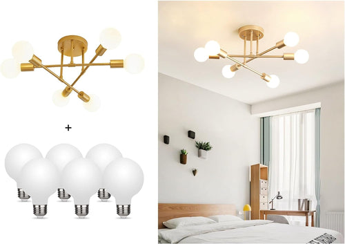 Modern Sputnik Chandelier, 6-Light Ceiling Light, 6 LED Light Bulbs