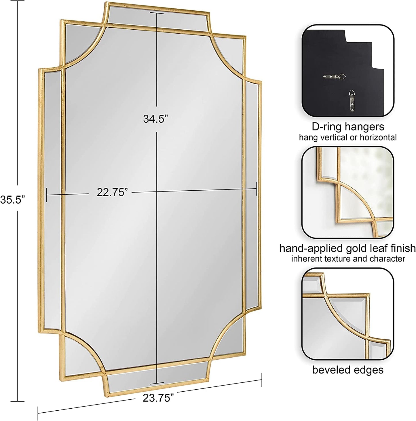 Minuette Decorative Rectangular Wall Mirror in Gold Leaf Finish, 24 x