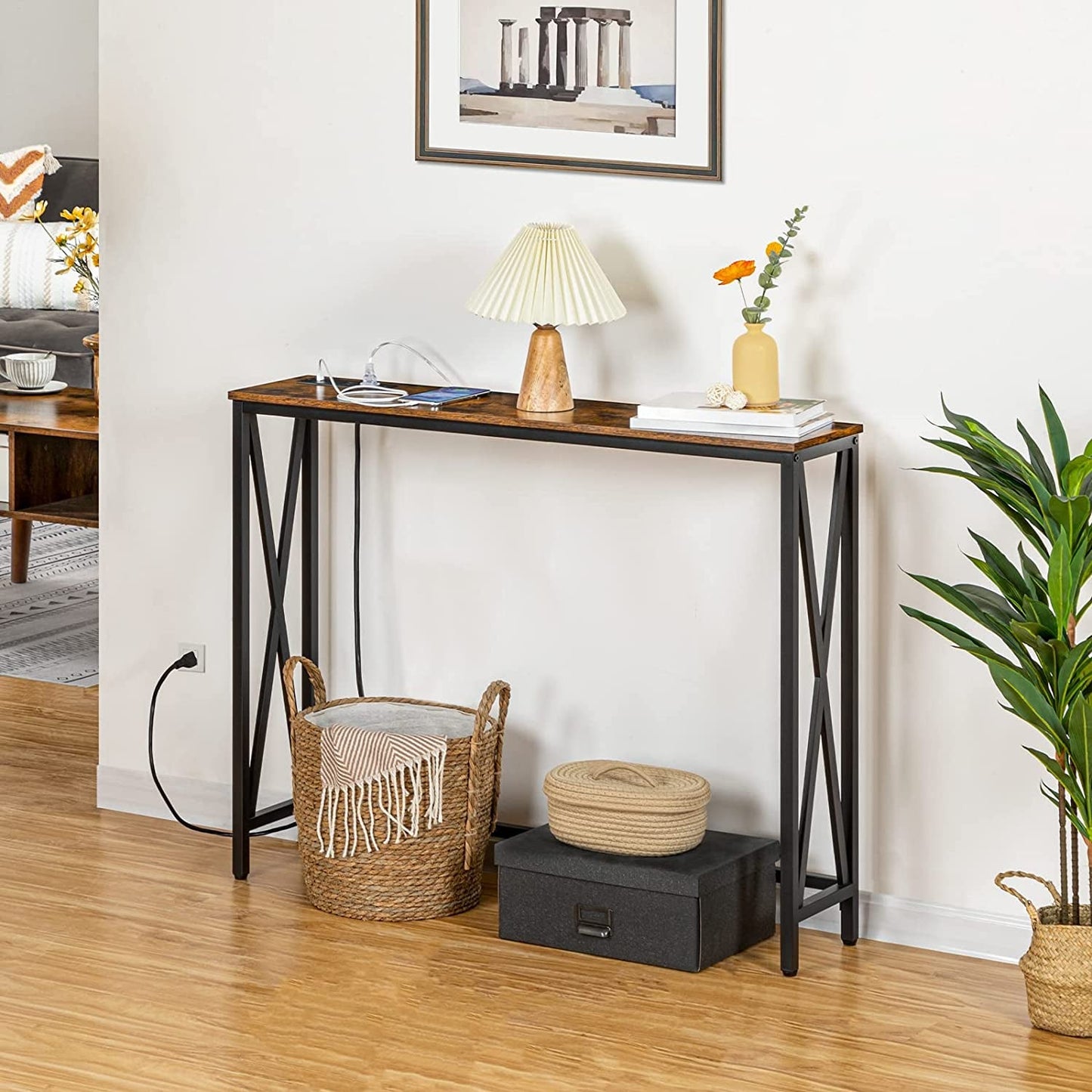 Rustic Brown Sofa Table with Power Outlet