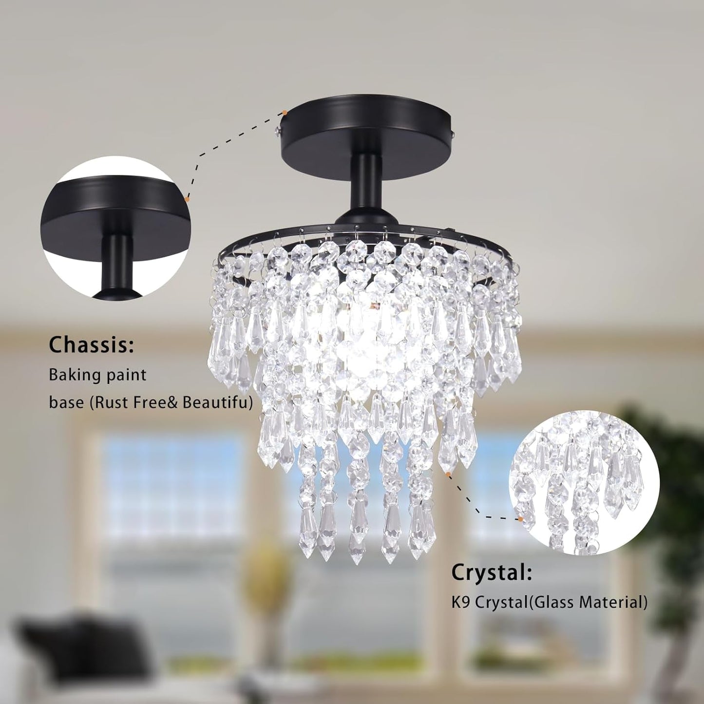 Small Crystal Chandelier Flush Mount Ceiling Light 3 Tiers Raindrops