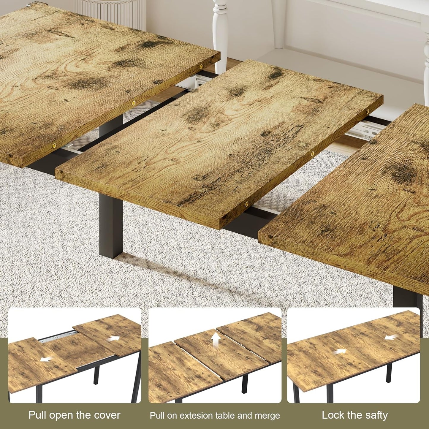 63" Extendable Dining Table, Modern Farmhouse Dining Room Table for