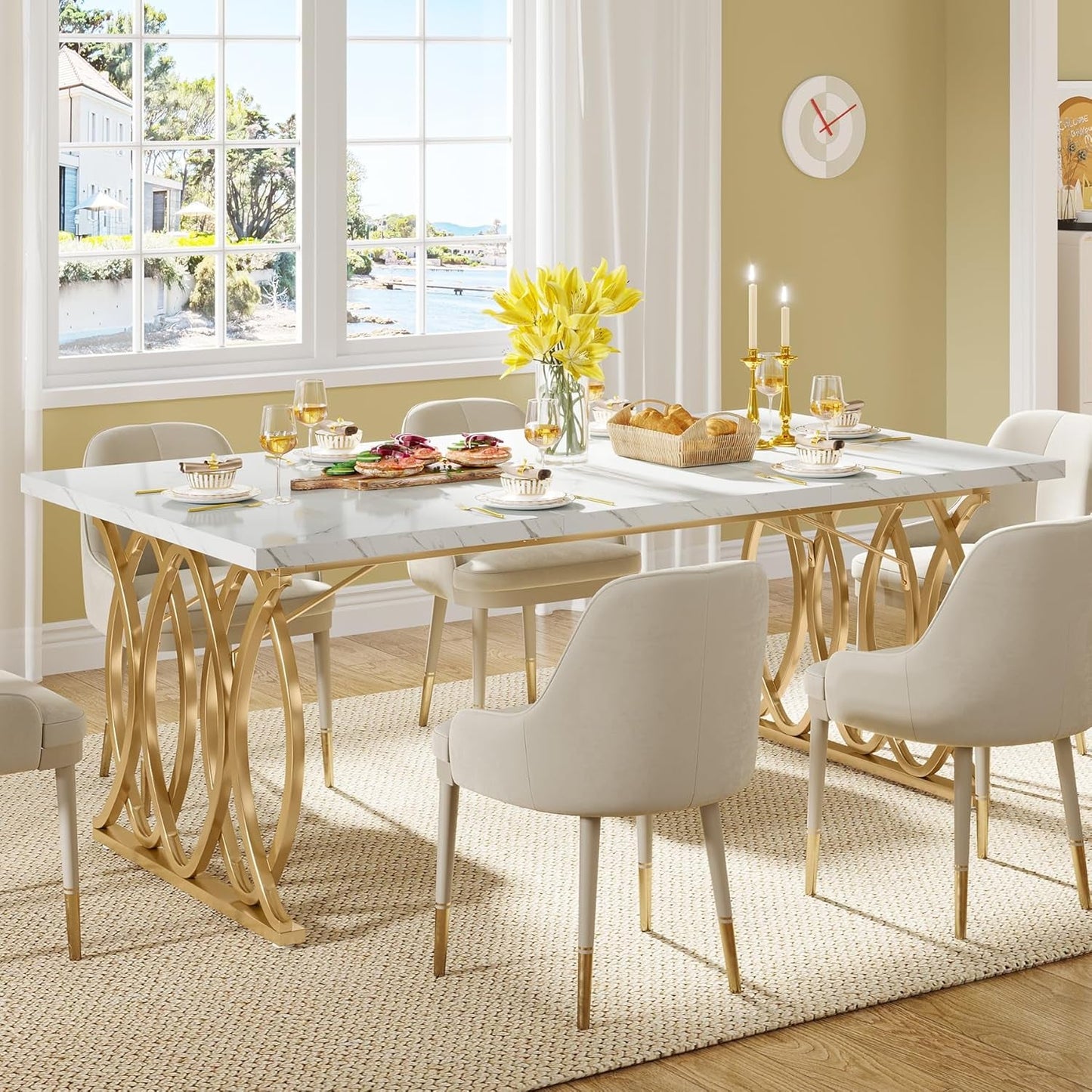 Modern Dining Table, 63" Large Kitchen Table for 4-6 People, Unique