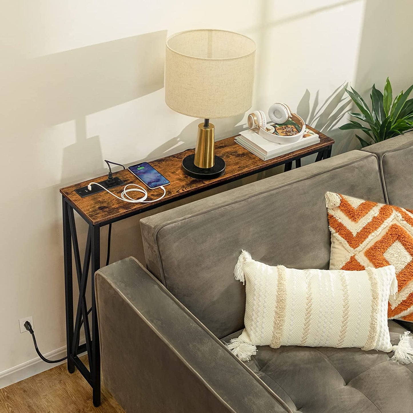 Rustic Brown Sofa Table with Power Outlet