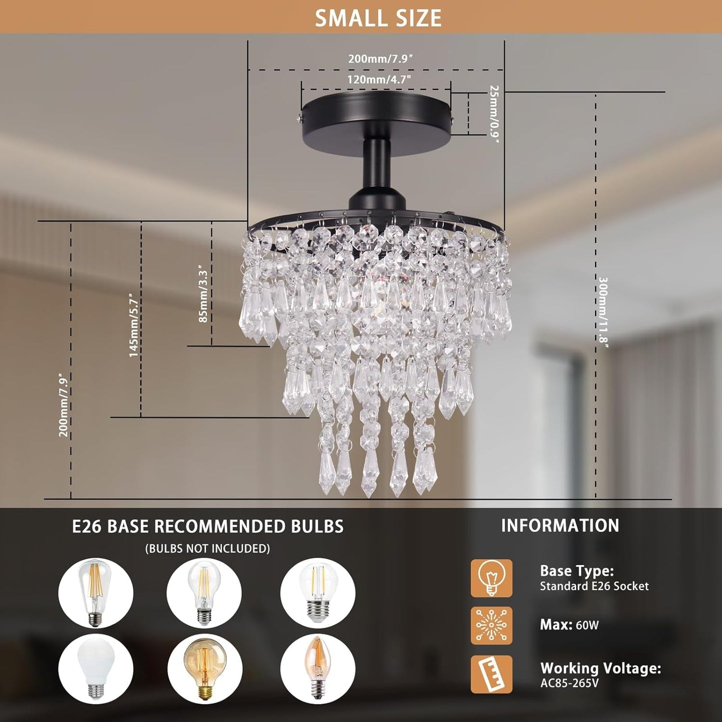 Small Crystal Chandelier Flush Mount Ceiling Light 3 Tiers Raindrops