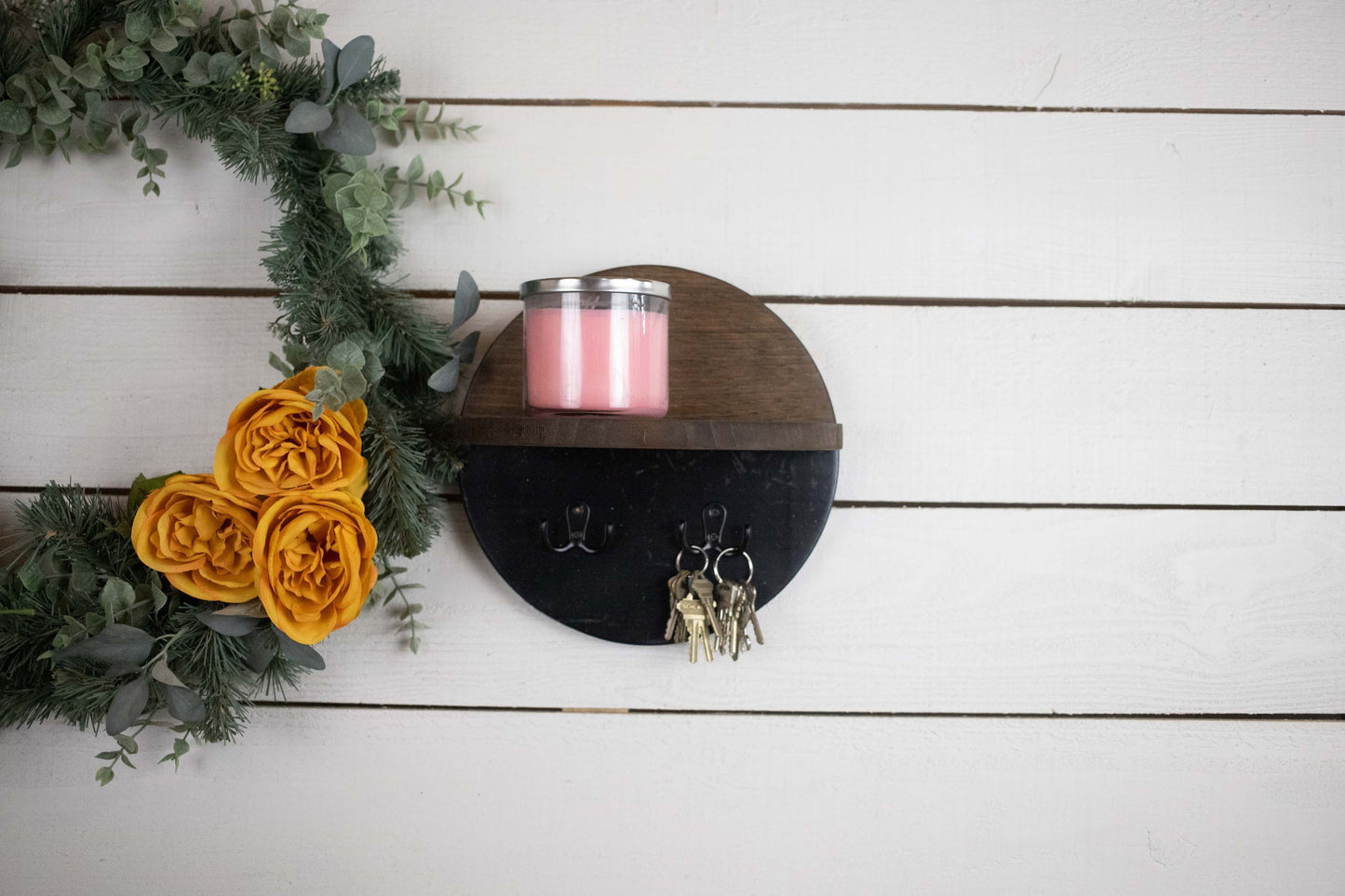 Round Minimalist Shelf with Key Holder, Unique Key Rack and Shelf