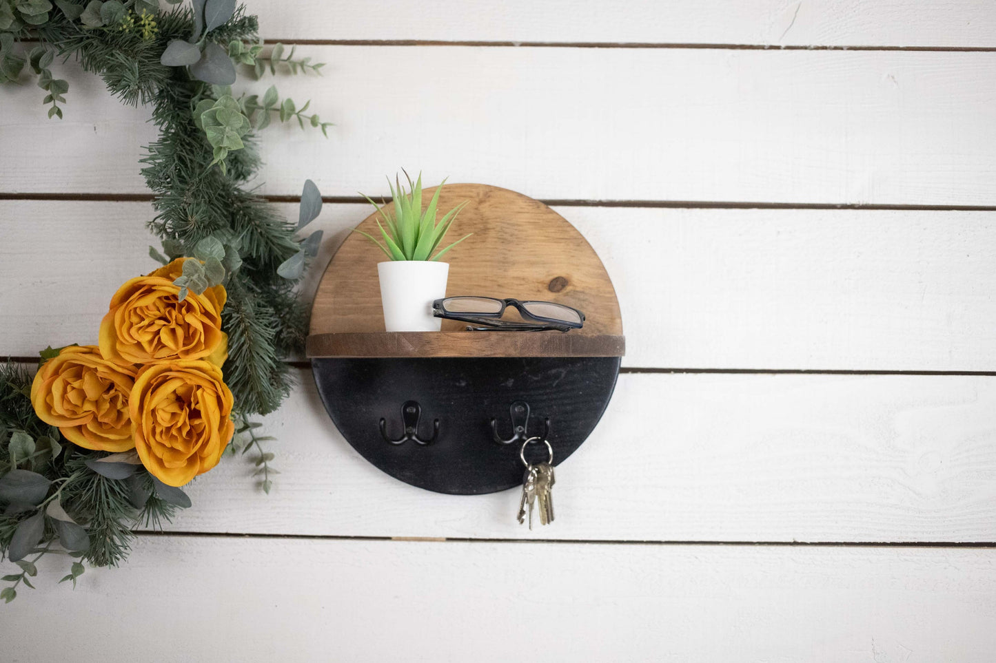 Round Minimalist Shelf with Key Holder, Unique Key Rack and Shelf